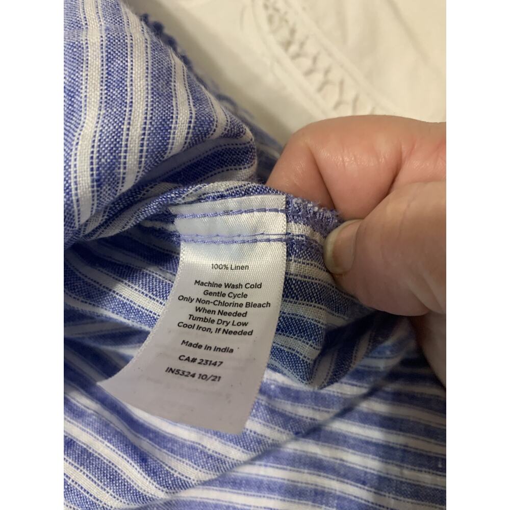 Talbots Linen Top Large Petite Blue Striped Nautical Roll Tab Sleeve Resort - Picture 9 of 10
